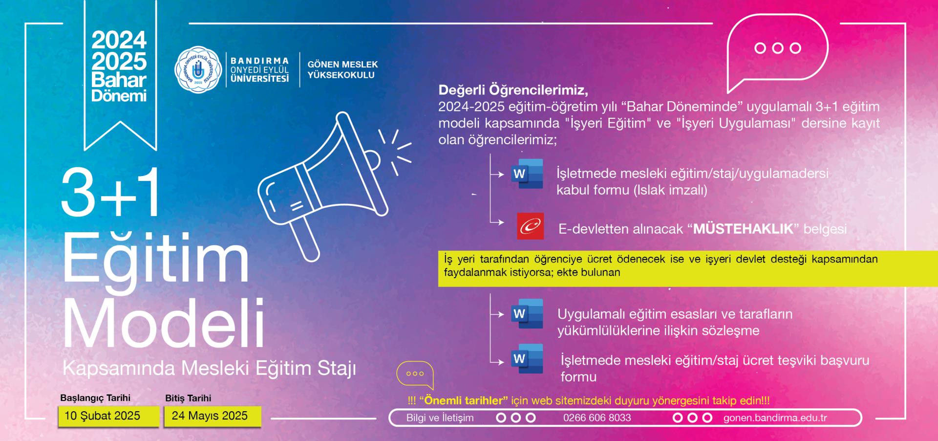 3+1 İşyeri Eğitimi ve İşyeri Uygulama Dersi Hakkında Duyuru